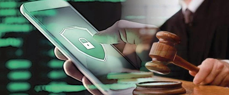 Smartphone with data protection icon and judge using gavel, symbolizing legal rulings on digital privacy.