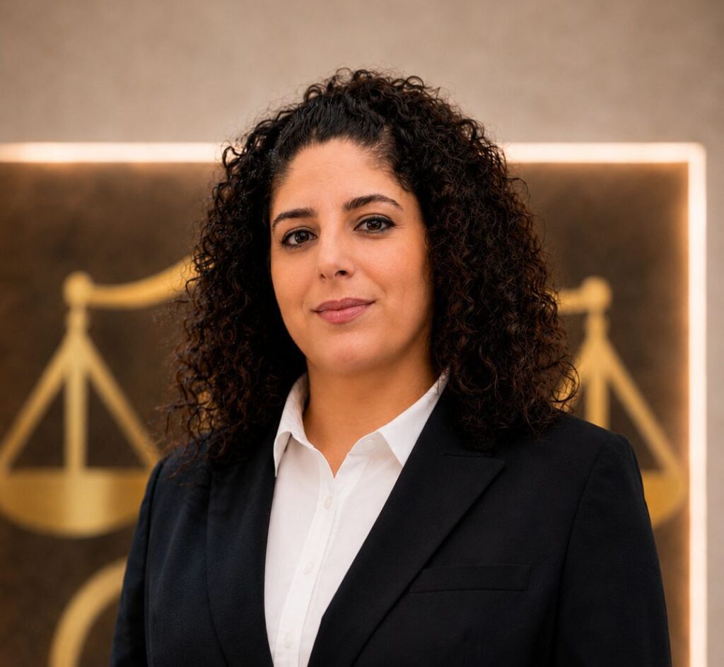 Professional portrait of Chariklia Hadjimichael in business attire, standing in the Demetriou Law Firm office and representing trusted legal services in Cyprus.